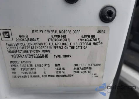 2000 GMC Sierra 1500 Sle из США, поврежденный, VIN 1GTEK14T2YE366048